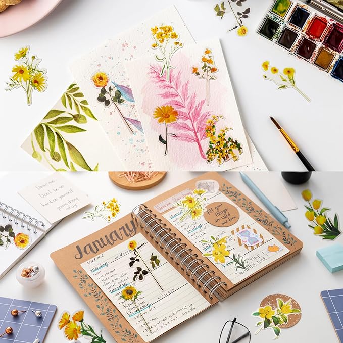 Natural Flower Stickers for Scrapbooking,PET Nature Plant Stickers Floral Stickers Vintage Craft Sticker,Colorful Small Flower Sticker for Journaling Scrapbooking Clear Flower Decal (Style F)