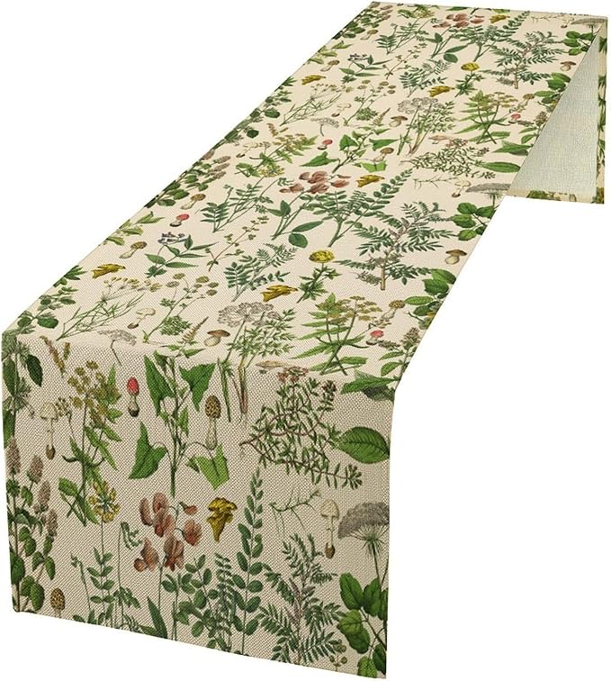 Vintage Botanical Mushroom Table Runner Wild Floral Retro Boho Plants Herbs Ferns Dinner Runner for Farmhouse Cabin Home Kitchen Dining Holiday Party Decor 13x90in