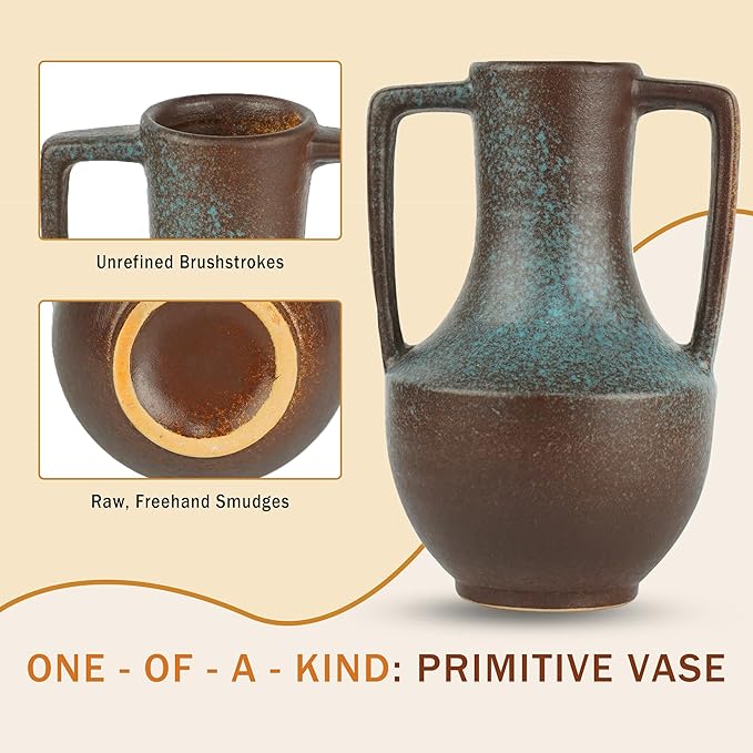 Ceramic Flower Vase with Handles,7.8" Tall Vase for Centerpieces,Large Decorative Terracotta Vases, Farmhouse Rustic Pottery Vase for Home Decor Living Room,Table,Shelf or Mantel