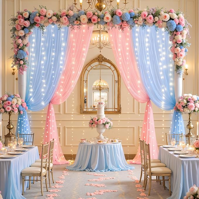 10ft x 8ft Pink Blue Tulle Photo Backdrop Curtain with Lights String for Gender Reveal Sheer Curtain Back Drop Baby Shower Backdrop for Boy or Girls Birthday Party Photo Booth Background Decorations