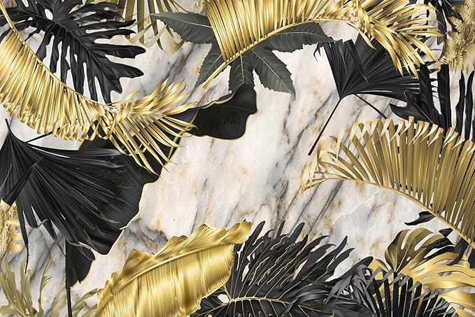 Seamless Summer Pattern with Golden White and Black Tropical Plants.Modern Abstract Design for Paper Wallpaper Cover Fabric （Non-self-Adhesive）