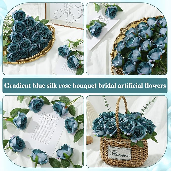 80 Pcs Roses Artificial Flowers, Silk Gradient Blue-Green Artificial Flowers Petals Long Stem Roses for Wedding Bouquet Home Party Decor