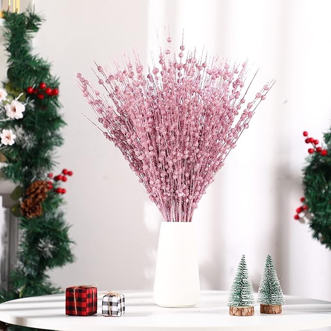 Geosar 30 Pcs Christmas Artificial Glitter Berry Stem Decorations 17 Inch Faux Stick Floral Pick Centerpiece Bouquet Flower Bead Twigs for Centerpiece Tree Wreath Xmas Ornaments Home(Pink)