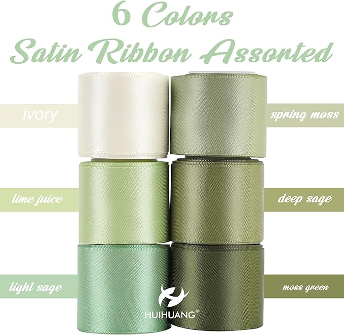 HUIHUANG Green Satin Ribbon 1-1/2 inch Ivory/Sage Green/Dusty Sage/Moss Green Double Face Satin Ribbons for Flower Bouquet, Gift Wrapping, Bows, Crafts, Eternal Rose- Total 30 Yards
