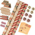 RUSPEPA Christmas Wrapping Paper Set - 4 Rolls of Kraft Wrapping Paper (30 Inches x 10 Feet Per Roll) with 8 Gift Bows, 1 Spools of Bakers Twine, Jute String, 30 Stickers and 30 Gift Tags - Red