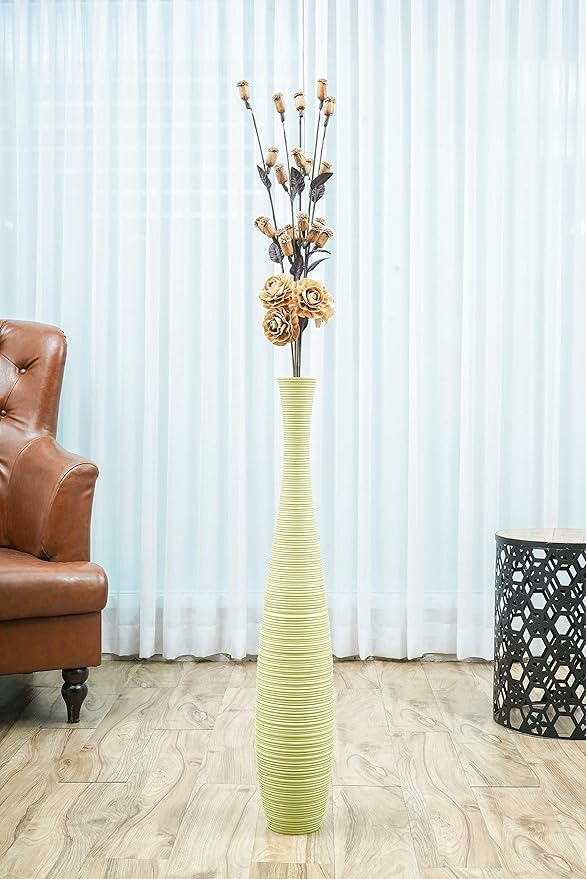 Leewadee Large Floor Vase – Handmade Flower Holder Made of Wood, Sophisticated Tall Vase for Decorative Branches, Pampas Grass and Dried Flowers, 36 inches, Green