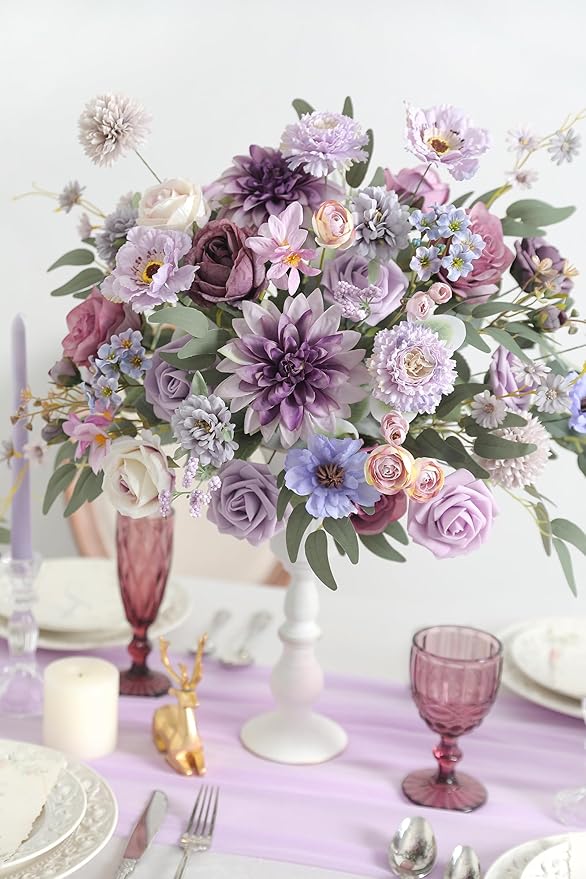 Purple Artificial Flowers Combo Box Set Silk Flowers Fake Rose for DIY Floral Arrangements Wedding Bouquets Centerpieces Baby Shower Party Home Decorations