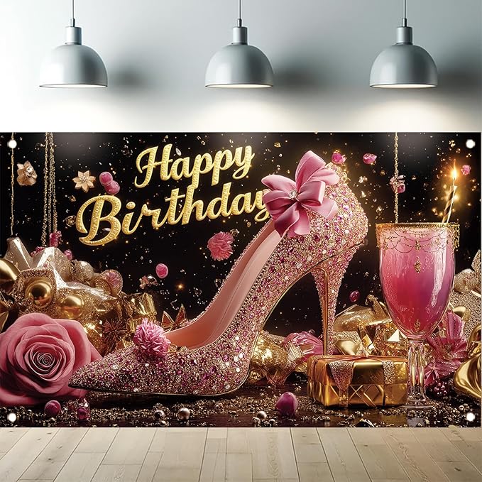 Luxury High Heel Birthday Backdrop Banner Pink Glitter Shoe Photography Background Rose Gold Decor for Women Girls Party Decorations Fashion Booth Studio Props 71 x 43 Inch