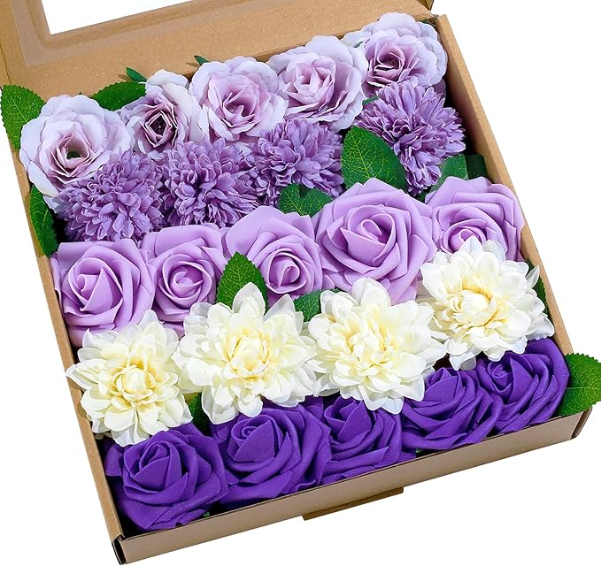 SITUMEIZI Roses Artificial Flowers Combo Purple Flowers Silk Foam Flowers with Stems for DIY Bridal Wedding Bouquet Baby Shower Party Home Decor Floral Arrangements 23pcs