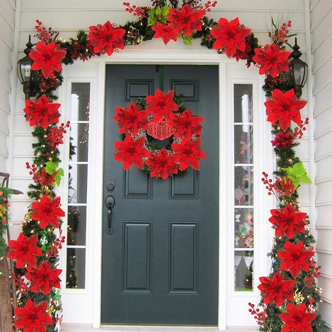 24 Pcs Red Boxed Christmas Poinsettia Flowers Set, 16 Pcs Artificial Poinsettias with Clips, 8 pcs Glitter Christmas Tree Ornaments Berry Stems for Wedding Home Holiday Xmas New Year Decorations