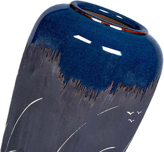 Black and Navy Blue Vase, 8 Inch Dark Blue Ceramic Vase for Flowers, Modern Decorative Vases for Home Decor, Coastal Living Room Decor, Navy Table Centerpiece