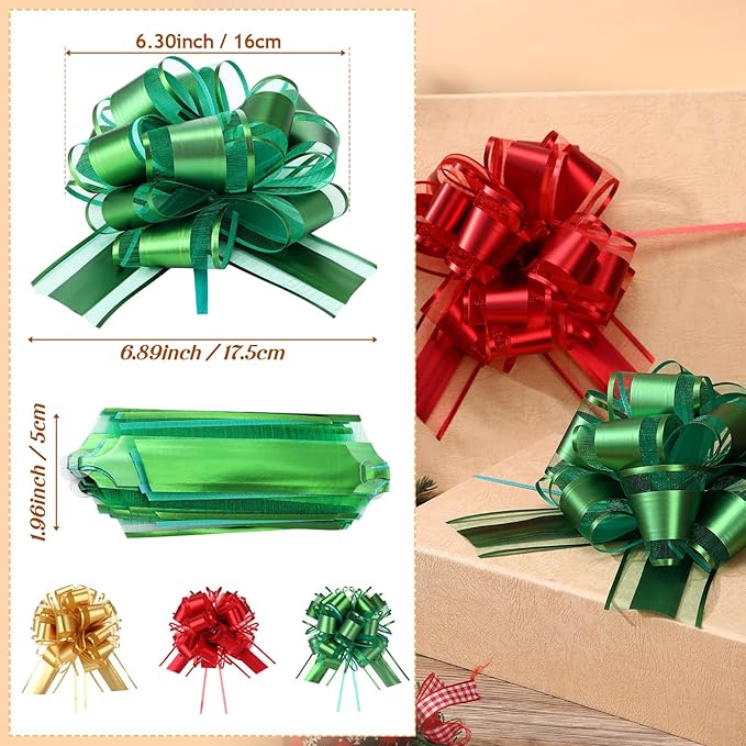 48 Pcs Christmas Large Pull Bows for Gift Wrapping 6 Inch Colorful Ribbon Pull Bows for Presents Boxes Basket Gifts Wrapping Xmas Birthday Wedding Holiday Party Decoration(Gold Red Green)
