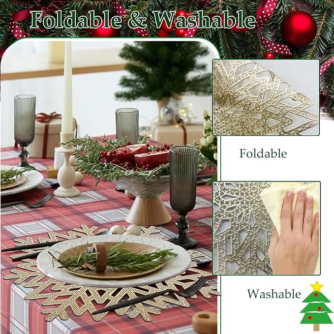 Snowflake Placemats Set of 6, Washable Christmas Placemats Snowflake Tablemats Hollow Out Round Vinyl Place Mats for Dining Table Setting Kitchen Table Mats Christmas Decoration(Gold Snowflake)