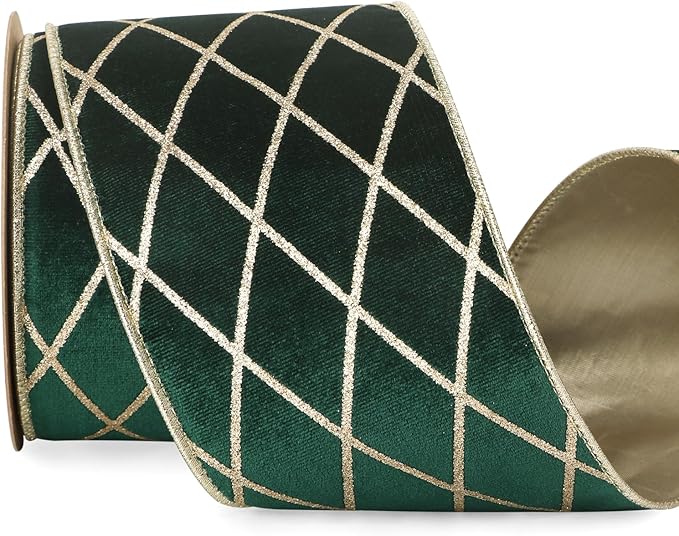 Ribbli Forest Green Velvet Ribbon Wired with Glitter Diamond Grid 4 Inch Christmas Ribbon for Christmas Tree Decoration Big Bow Gift Wrapping Crafts Wreaths Garland Supplies - 10 Yards