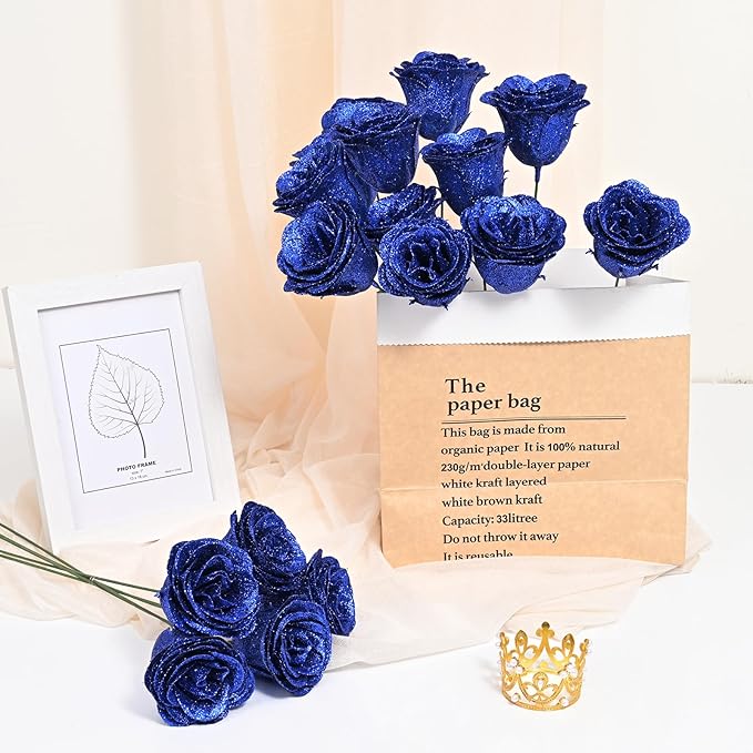 Waipfaru Glitter Roses Bouquet, DIY Fake Flowers Bouquet, Birthday Gifts for Women Mom, 24 Pcs Blue Rose for Grandma Wife Girlfriend Valentines, Mothers Day, Anniversary, Graduation