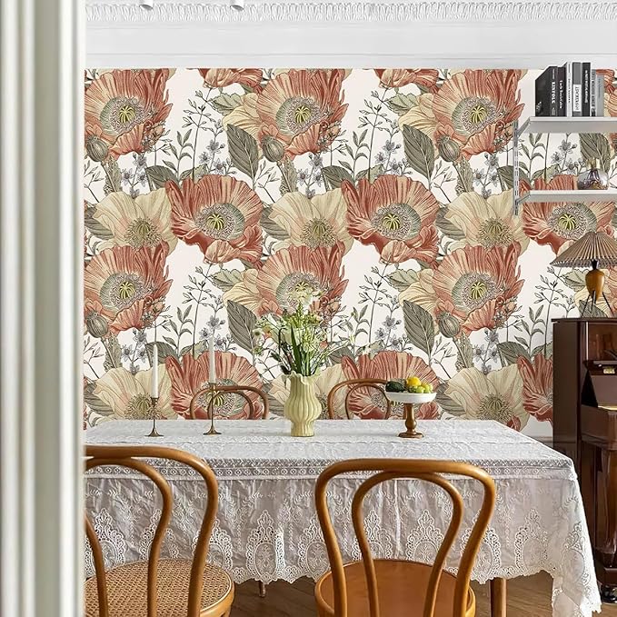 Livebor Floral Wallpaper Peel and Stick Boho Large Floral Peel and Stick Wallpaper Vintage Multicolor Flower Contact Paper 17.7'' x 393.7'' Self Adhesive Wall Paper for Bathroom Wall Covering Decor