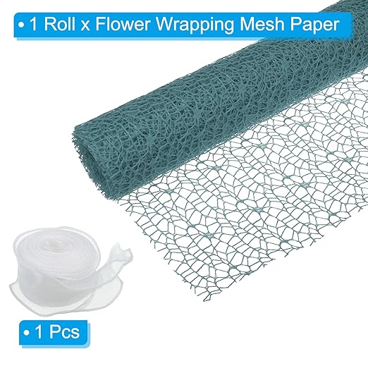 PATIKIL Flower Wrapping Mesh Paper, 15ft Floral Bouquet Craft Packaging Hollow Net Yarn with Ribbon for Flowers Gift Packaging, Bright Green