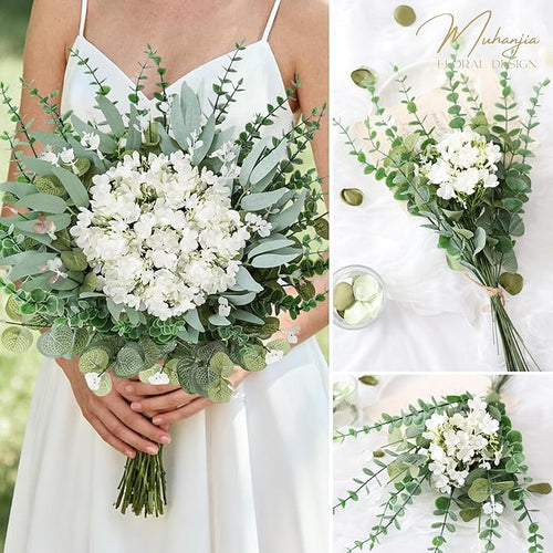 160Pcs Mixed Artificial Eucalyptus Stems and White Faux Flowers, Big Babys Breath and Eucalyptus Leaves Stems Bulk for DIY Wedding Bouquet Home Decor Floral Arrangement (Green 160Pcs)