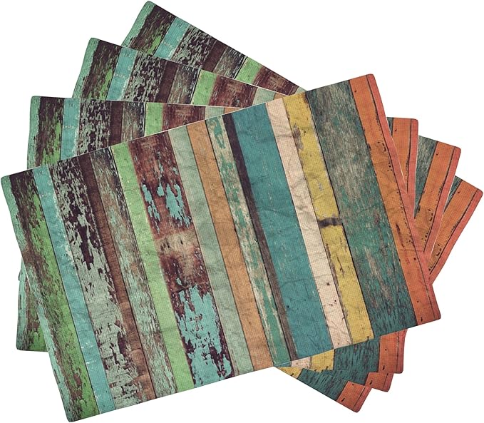 Vintage Colorful Wooden Placemats Set of 4, Placemats Dining Table Mat Set,12x18 Washable Stain Resistant Wipeable Cloth Placemat for Kitchen Buffet Parties