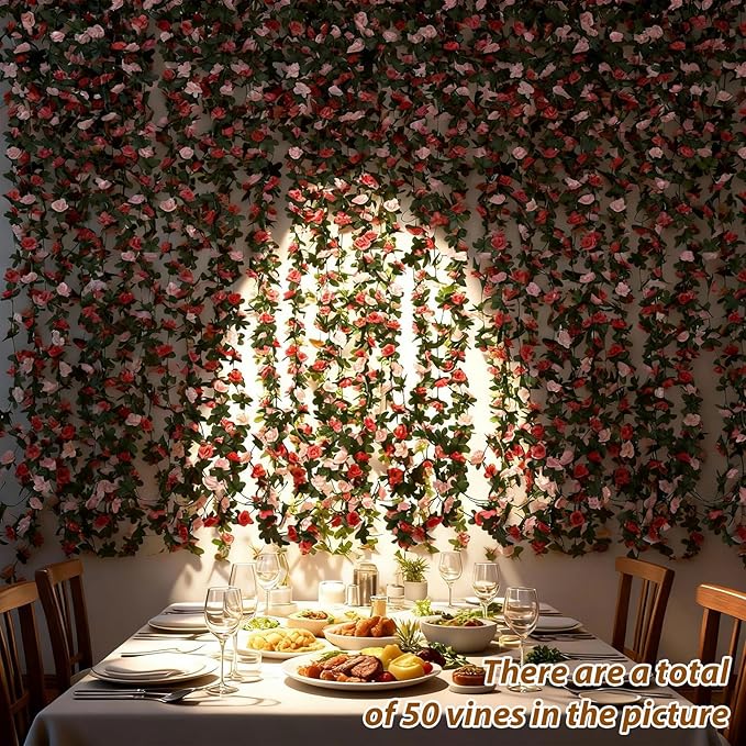 Miracliy 5Pcs 41FT Pink Flower Garland Artificial Rose Arch Vines Fake Spring Floral Garland for Flower Wall Backdrop Wedding Mothers Day Garden Tea Party Decoration