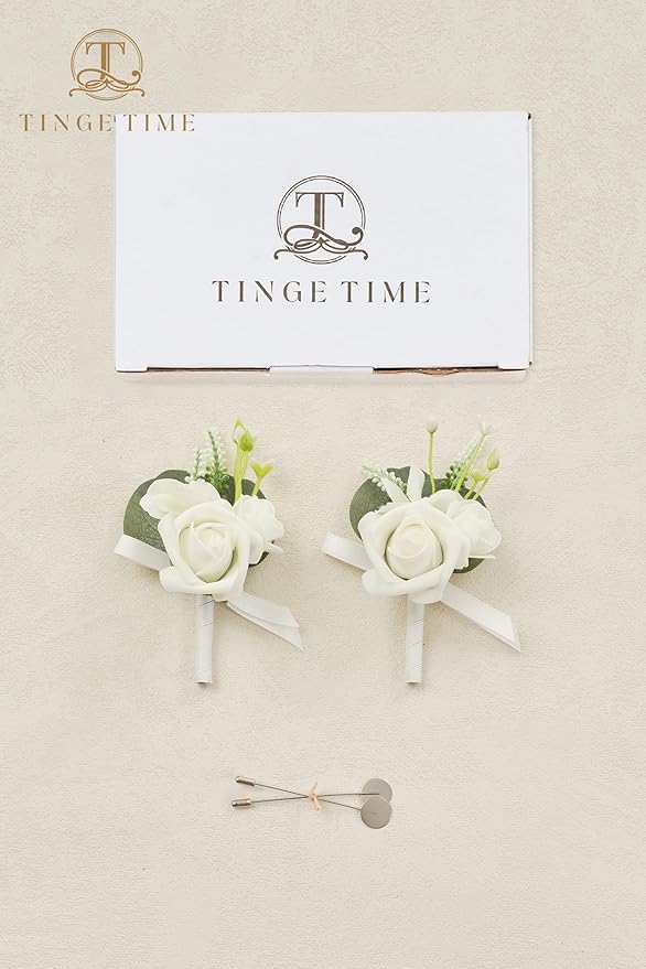 TINGE TIME 2PCS Boutonniere for Men, Groom and Groomsmen Boutonniere for Wedding, Prom, Homecoming, Anniversary, Graduation(White)