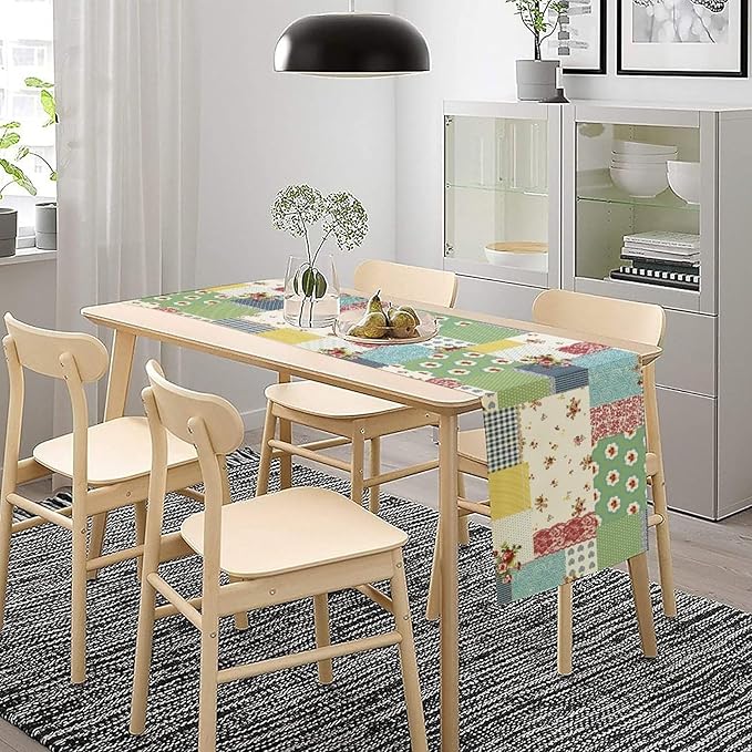 Patchwork Boho Table Runner,Vintage Colorful Floral Plaid Polka Dot Print Tablecloth Burlap for Hotel Indoors Outdoor Dining Room Kitchen Home Decor,W13X L36 in