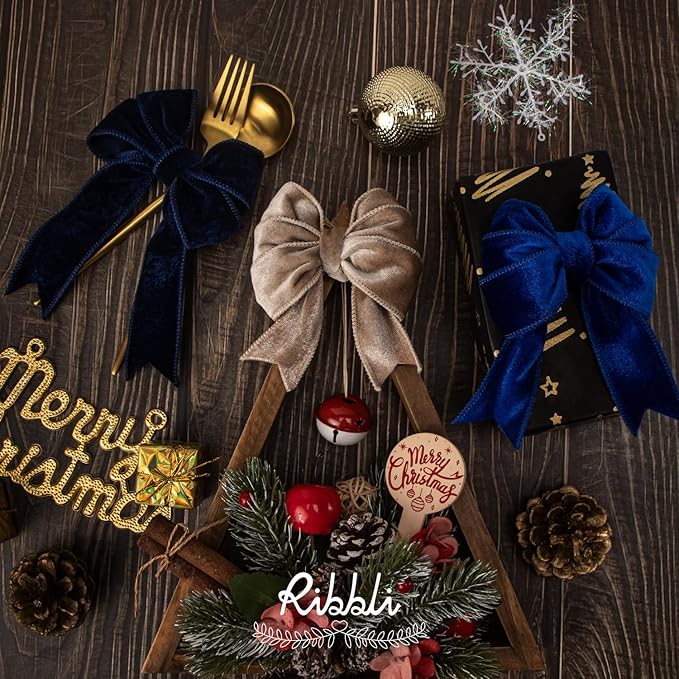 Ribbli Royal Blue Velvet Wired Ribbon 2.5 Inch Velvet with Satin Christmas Ribbon for Gift Wrapping Christmas Tree Decoration Crafts Wreaths Supplies-Continuous 10 Yards