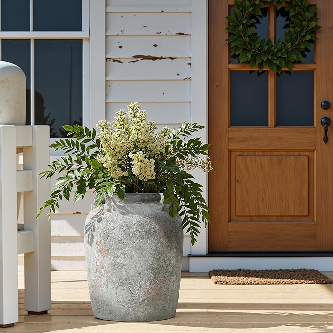 LuxenHome Rustic Ceramic Vase, 13.4" Tall Old-World Gray & Brown Round Terracotta Vases with Handles, Big Farmhouse Pottery for Dining Table Decor, Vintage Flower Vase for Living Room Home Decor