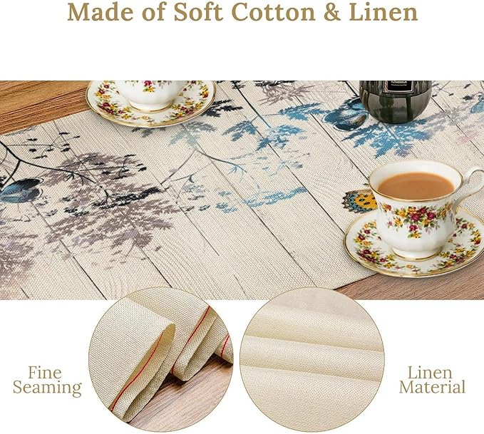 Nature Dandelion Table Runner,Rustic Floral Wood Plank Butterfly Girl Women Pattern Print Burlap Tablecloth for Hotel Indoors Outdoor Dining Room Kitchen Table Decor, 13x90in