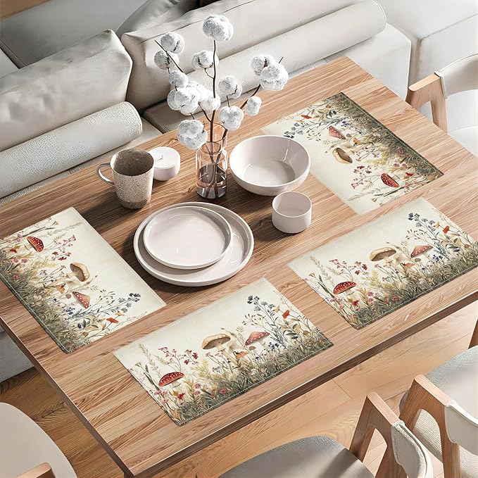 Cute Mushroom Placemats Set of 6, Flowers Plant Place Mats, Rustic Leaves Dining Table Mats, Washable Placemats for Kitchen Dining Room 18L'' × 12W''