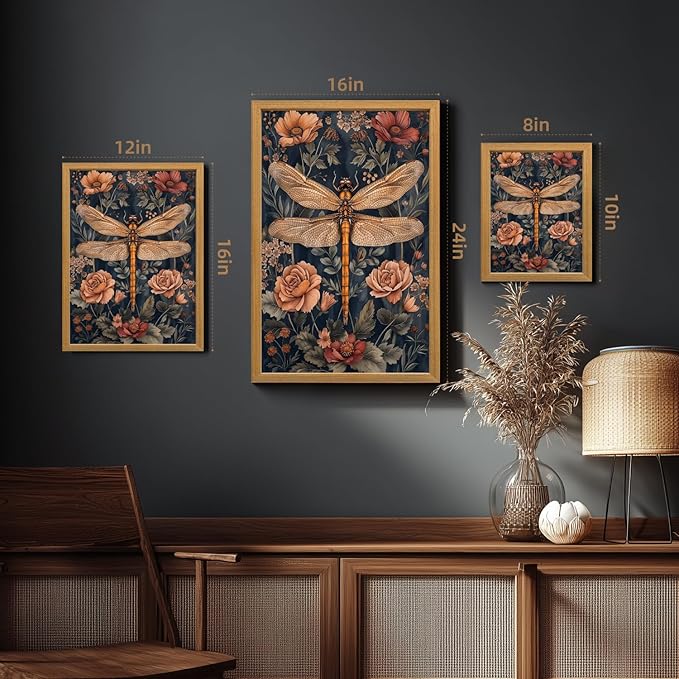LLEEMPI William Morris Wall Art, Vintage Dragonfly Floral Wall Decor, Abstract Insect Flower Canvas Painting, Nature Botanical Poster Print for Living Room Bedroom Bathroom Office Wood Framed 8x10 inch