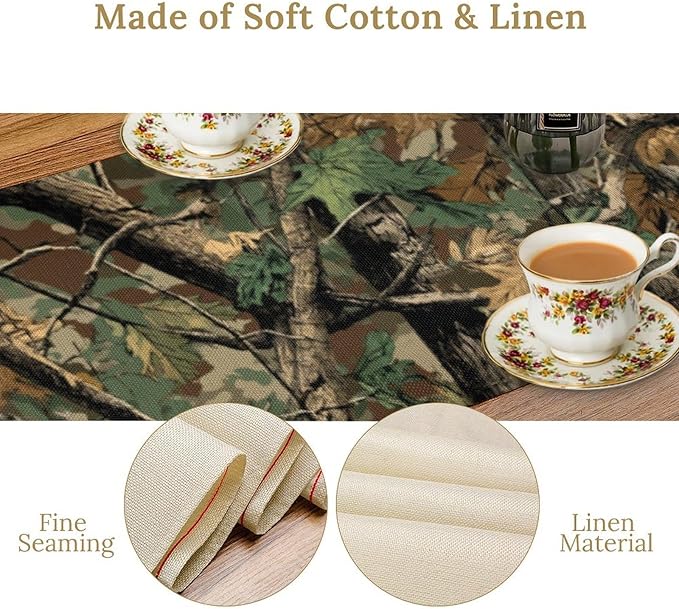 Forest Camouflage Table Runner, Camo Conifer Oak Branches Leaves Military Mossy Lodge Country Camp Cabin Theme Dinner Table Runner for Home Kitchen Dining Table Decoration 13"x120"