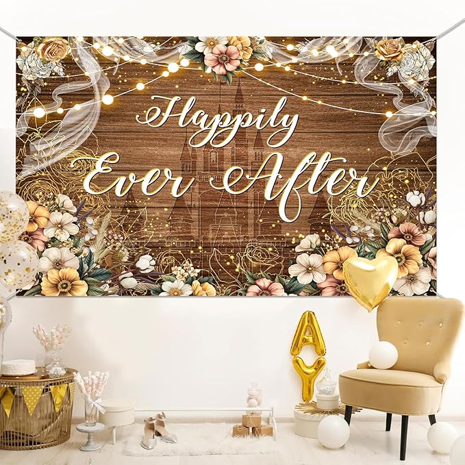 Happily Ever After Backdrop Bridal Shower Wedding Party Brown Wood Photography Background Boho Floral Golden Rose Dots Wedding Decor Banner Portrait Photo Booth Studio Props 9x6ft FU072YL