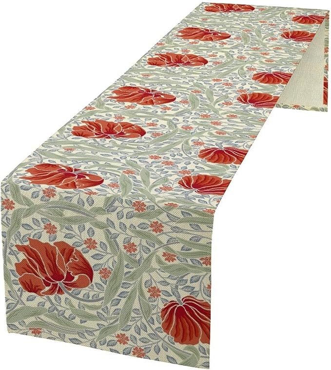 William Morris Table Runner, Retro Red Flowers Green Botanical Country Farmhouse Tabletop Decoration for Kitchen Dining Home Party 13x36 Inch