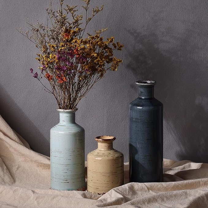 Ceramic Vase Set of 3, Crackle Glaze Decorative Flower Vases for Dried or Fresh Arrangements, Modern Farmhouse Decoration Table Shelf Centerpiece for Living Room, Dining, Fireplace, Entryway