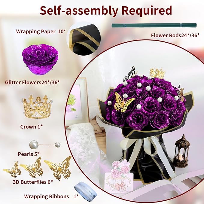 Glitter Roses Bouquet, Shiny Artificial Roses Flowers with Stems DIY Fake Glitter Flowers Bouquet for Valentine's Day, Mother's Day, Anniversary, Graduation, Birthday, Wedding, 36 Roses (Purple)