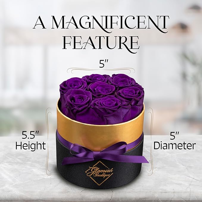 GLAMOUR BOUTIQUE Eternal Preserved Roses in a Box - Flowers Forever, Rose Forever in a Box for Wife, Birthday Gifts for Her, 7 Roses, Purple
