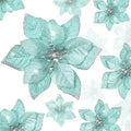 WILLBOND 24 Pcs 3 Size Poinsettia Flower Artificial Christmas Decor Glitter Poinsettia Christmas Ornaments Faux Flowers for Xmas Tree Outdoor(3.2/4/6 Inches,Blue and Green)