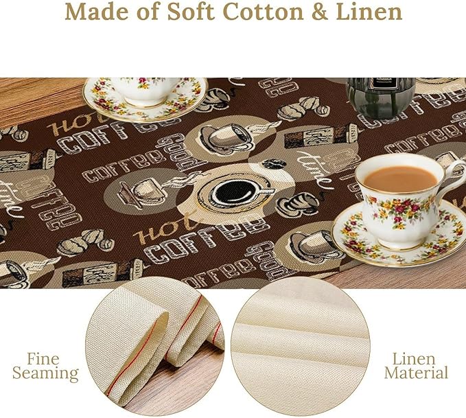 Coffee Theme Table Runner Vintage Coffee Beans Mug Cup Dinner Runner Table Decoration for Farmhouse Cabin Home Kitchen Dining Holiday Party 13x36in