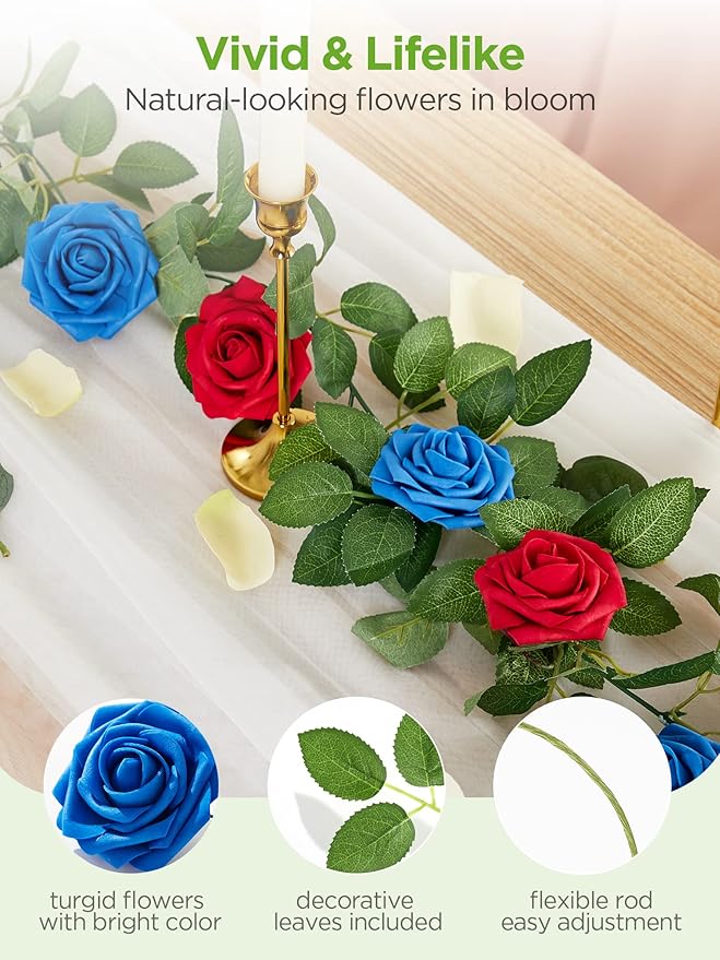 InnoGear Artificial Flowers, 50 Pcs Royal Blue Foam Fake Roses Bulk with Stems for Decoration Celebration DIY Wedding Bouquets Centerpieces Bridal Shower Party Christmas Tree