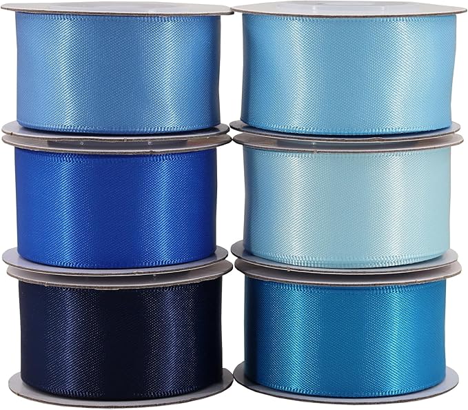 Double-Face Blue Satin Ribbon for Gift Wrapping, Wedding, Baby Shower, Boy 6 Colors Satin Ribbon 1" X 5 Yard Each Total 30 Yds Per Package
