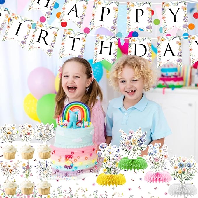 Wildflower Birthday Party Decorations for Girls Women, Banner Centerpieces Cupcake Toppers Tablecloth, Spring Floral Paper Plates Napkins Cups Forks Straws Supplies Serve 20