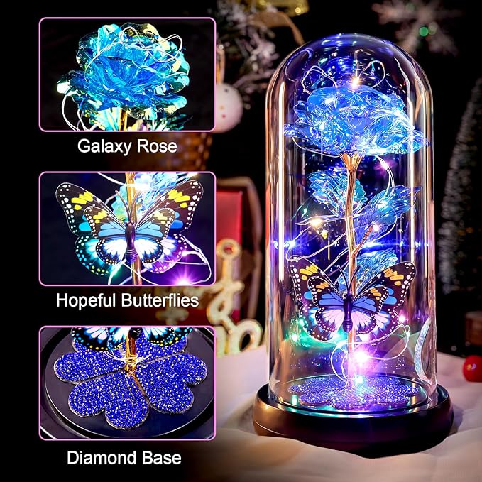 Christmas Rose Gifts for Women, Womens Gift for Christmas Rechargeable Galaxy Glass Rose Light Up Roses In Glass Dome Crystal Flower Butterfly Birthday Xmas Gifts for Women Mom Wife Grandma Her Blue
