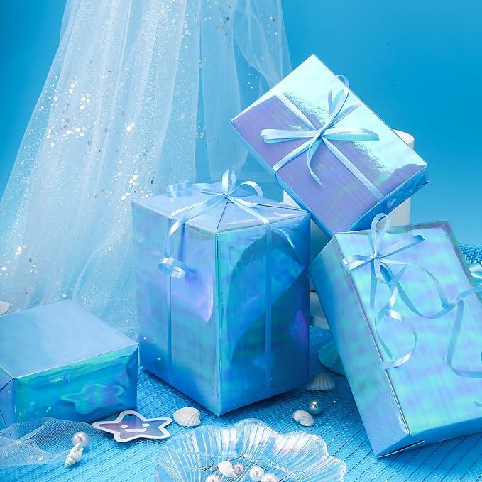LeZakaa Blue Wrapping Paper Roll, Holographic Iridescent Wrapping Paper for Birthday, Valentine's, Mother's Day, Holiday, Large Roll, 30 inches x 32.8 Feet (92.9 sq.ft.)