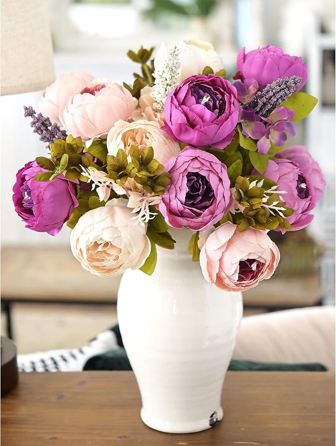 FiveSeasonStuff Vintage Artificial Peonies Silk Peony Flowers and Hydrangeas for Wedding Bridal Home Décor – Beautiful Floral Centerpiece Arrangement 2 Bouquets (Mixed Pale Pink and Thistle Purple)