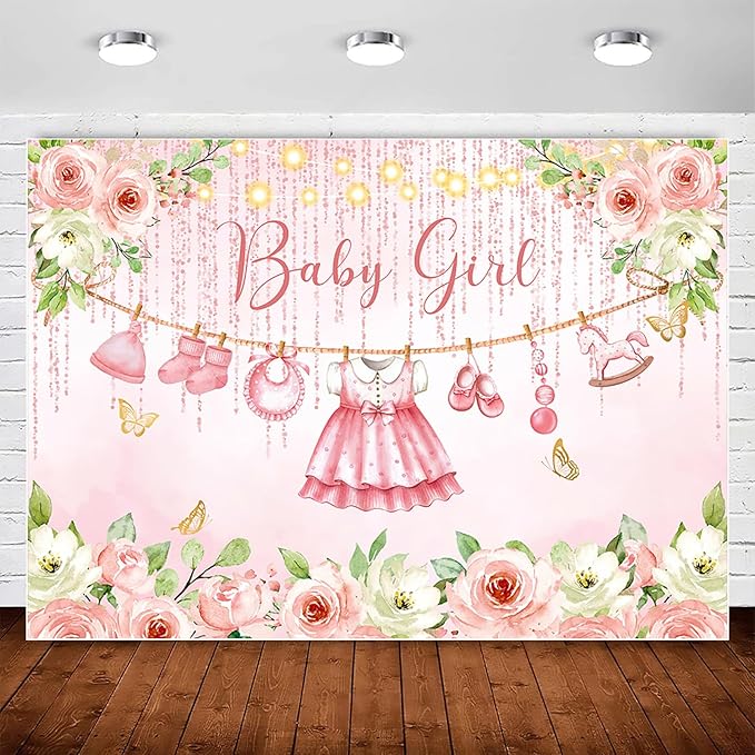InMemory Pink Floral Baby Girl Baby Shower Backdrop Banner Decorations for Girl,Rose Gold Baby Clothes It's a Sweet Girls Baby Shower Party Banner Photography Background Photo Booth Backdrops 7x5ft