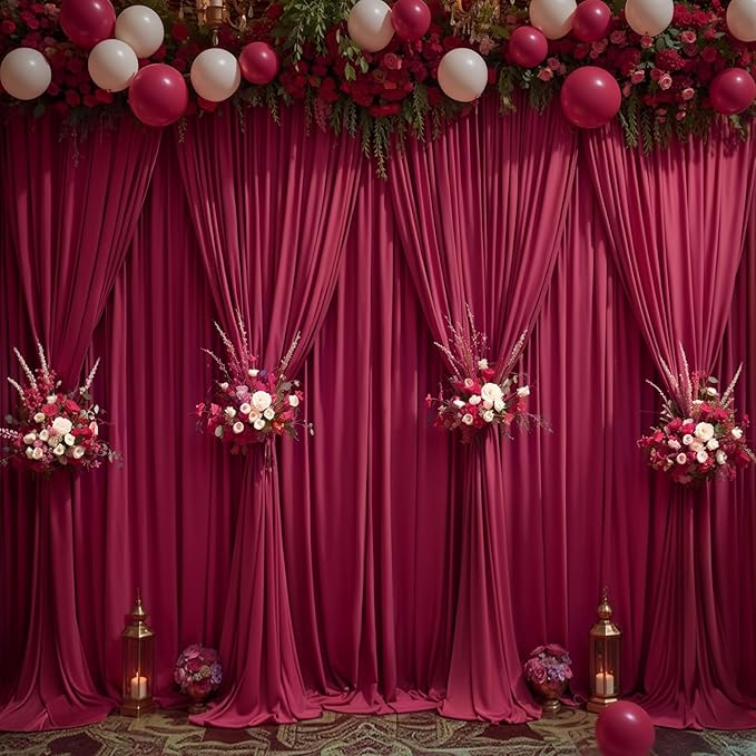 Burgundy Backdrop Curtains 4 Panels - Wrinkle-Free Polyester Photography Drapes for Baby Shower & Birthday Party - 16 X10FT