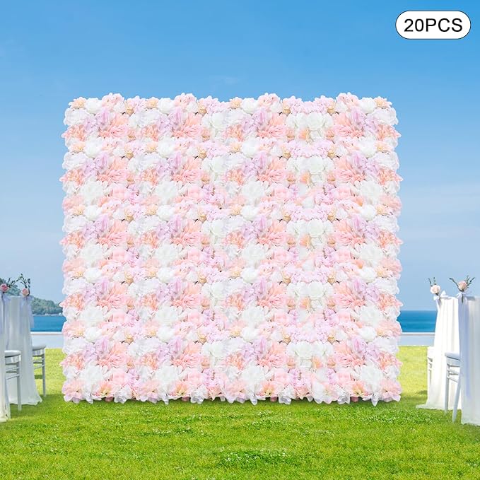 20 Pack Flowers Wall Panels Artificial Flowers Wall Decoration Flower Wall Mat Silk Flower Panels Rose Hydrangea Wall Backdrop for Wedding Party Home Christmas Festival, 24 x 16 inch (B)