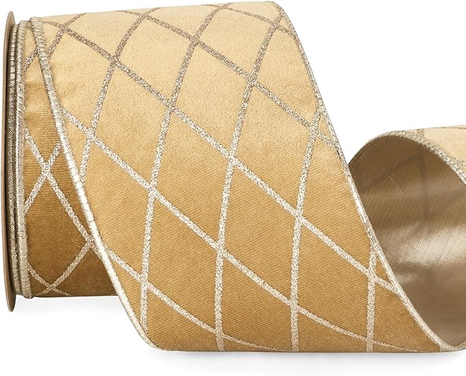 Ribbli Champagne Gold Velvet Ribbon Wired with Glitter Diamond Grid 4 Inch Christmas Ribbon for Christmas Tree Decoration Big Bow Gift Wrapping Crafts Wreaths Garland Supplies - 10 Yards