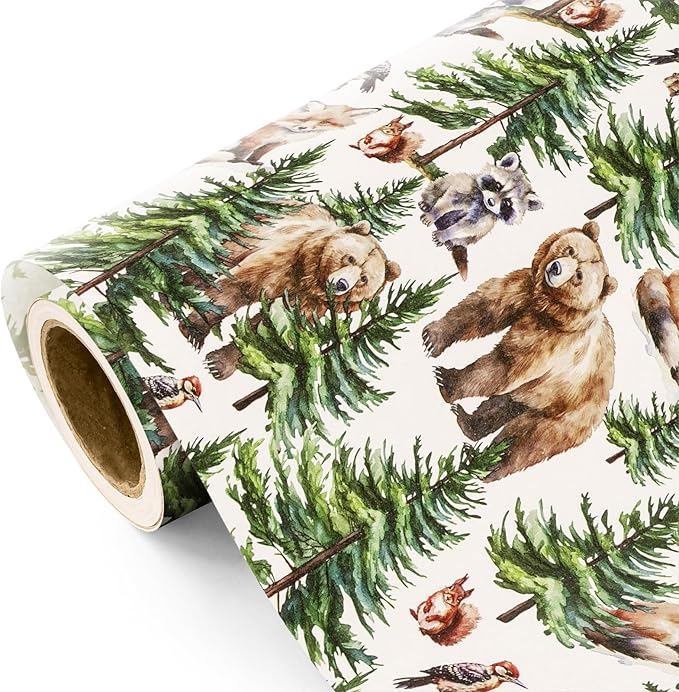 WRAPAHOLIC 30 Inch Jumbo Kraft Christmas Wrapping Paper - 30 Inch x 100 Feet Jumbo Roll White Wild Animal Winterfall Watercolor and Christmas Tree Wrapping Paper Perfect for Holiday, Party